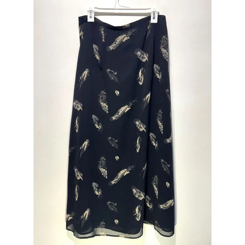 Vantana 100% silk maxi skirt Y2K dark feather business career casual women 14